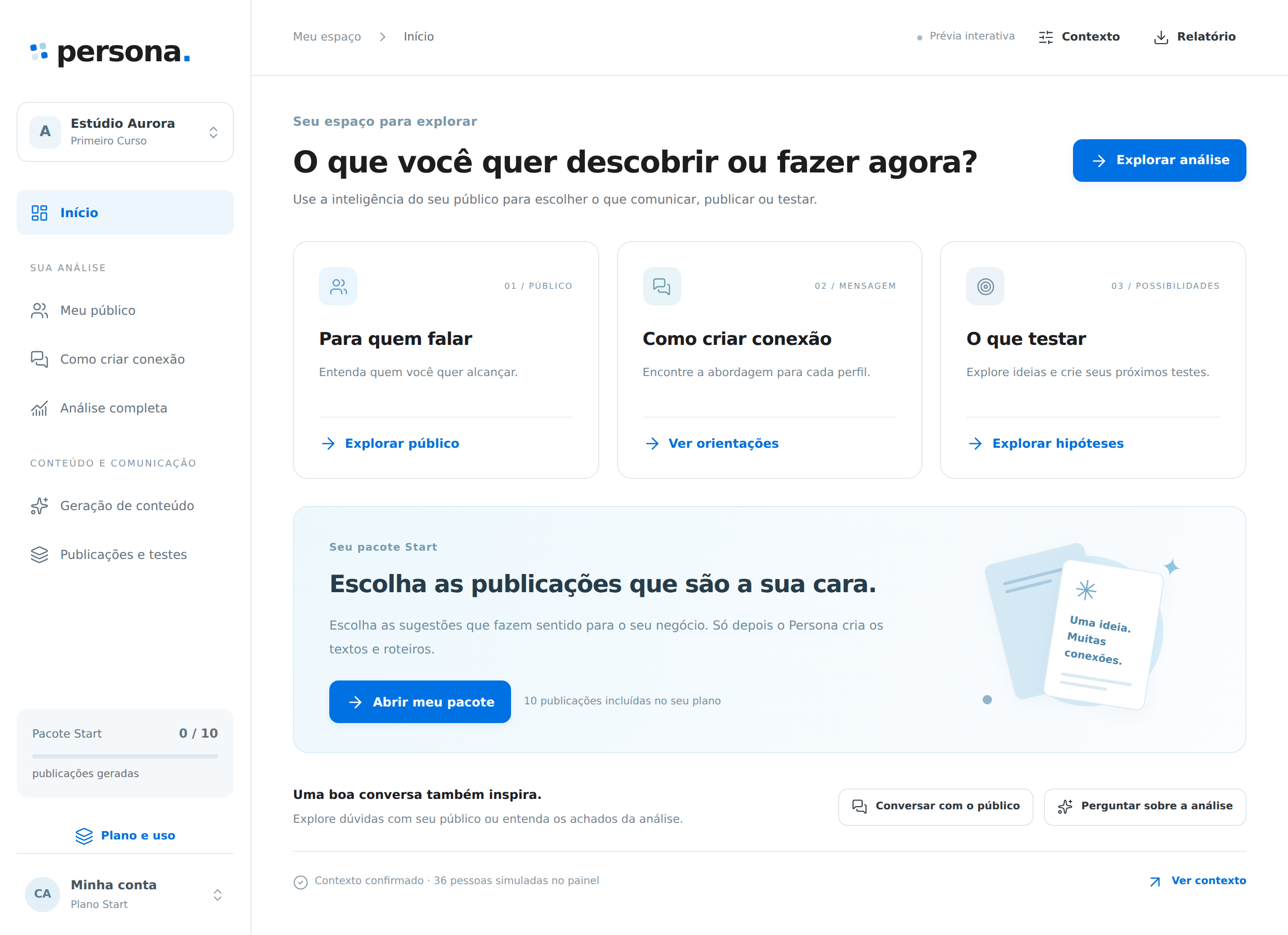 Início do Persona, com caminhos para explorar público, comunicação e criação.